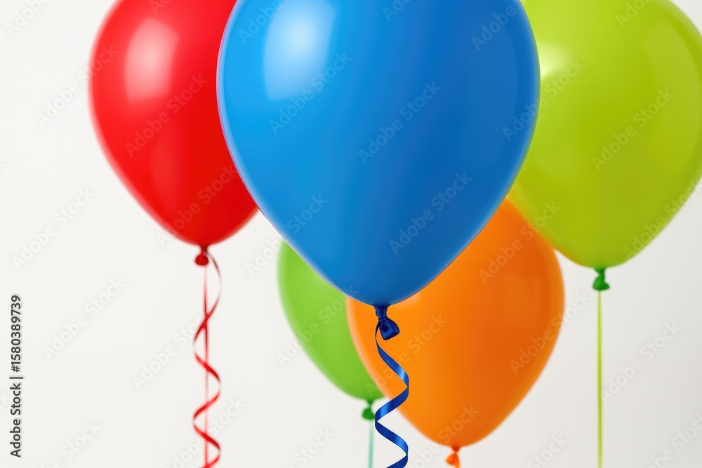 Fototapeta premium A close-up of five colorful helium balloons with a focus on the blue one and its ribbon, set against a white background. Bright red, green, orange, yellow, and blue balloons arranged vertically.