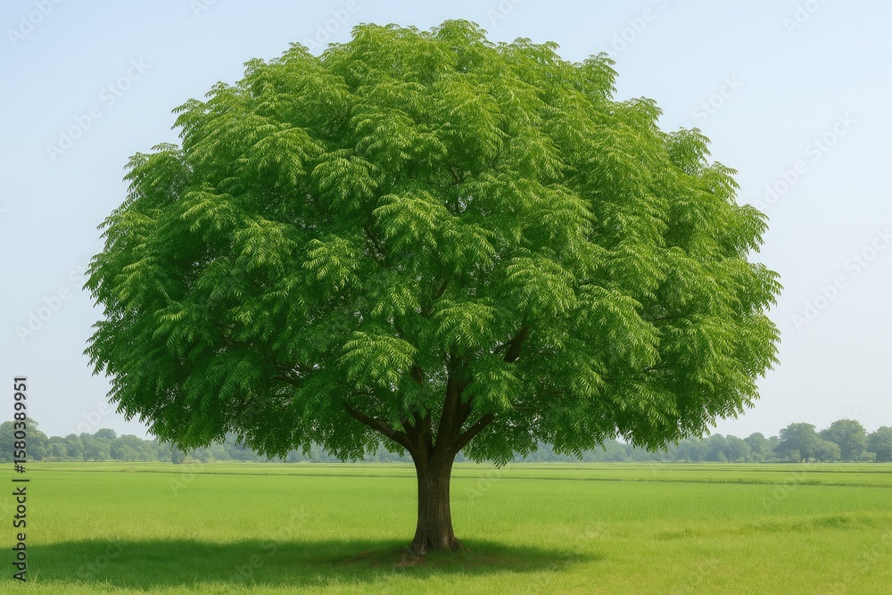 Vast neem trees with lush green foliage flourishing on grassy land commonly found in rice paddies Vast neem trees with lush green foliage flourishing on grassy land commonly found in rice paddies