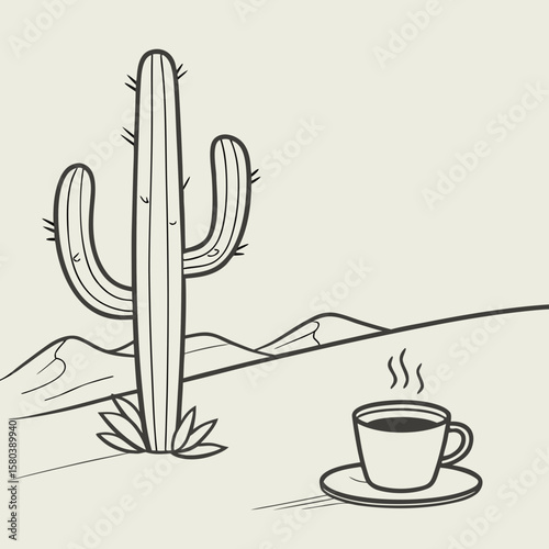 Illustration of a tall cactus in a desert landscape with mountains and a cup of coffee on a saucer near