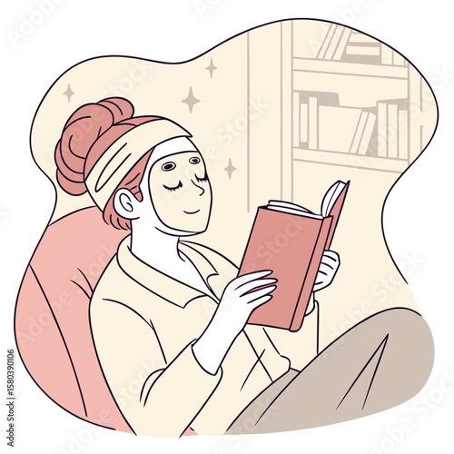Woman with a face mask reading a book while sitting in a chair with a bookshelf in the background