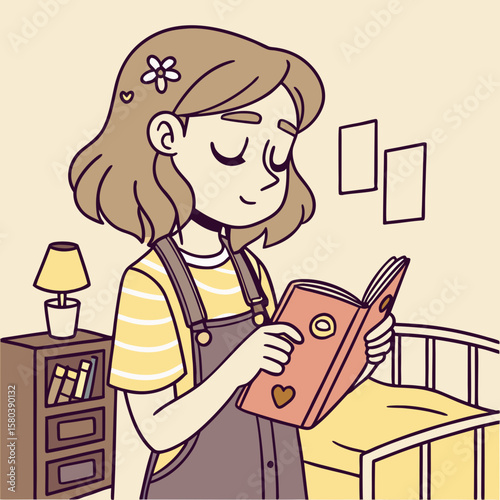 Illustration of a girl with a flower in her hair reading a book in a bedroom with furniture and art
