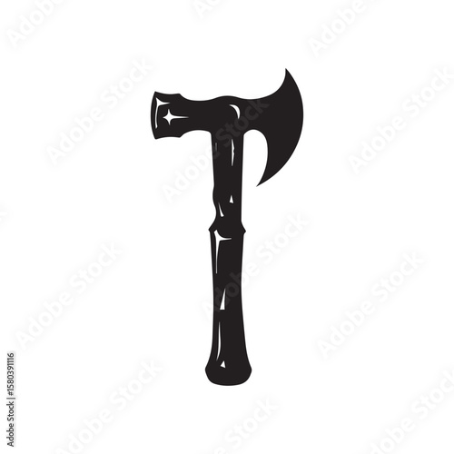 Chiseled black hatchet design, detailed outline logo, simple and iconic"