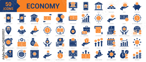 Economy icon collection set. Containing online banking, mobile banking, bank, financial insurance, global economy, mobile payment, payment protection, investment, fintech icon. Simple flat vector
