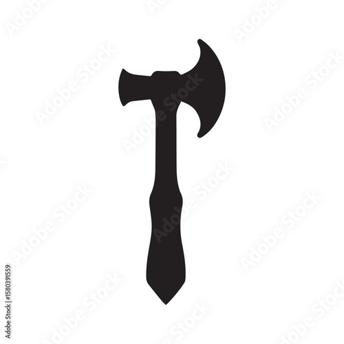 Chiseled black hatchet design, detailed outline logo, simple and iconic"