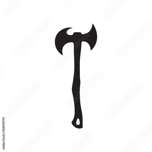 Chiseled black hatchet design, detailed outline logo, simple and iconic"