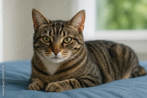 Wallpaper Mural A striped feline relaxes on a turquoise bedding surface. Torontodigital.ca