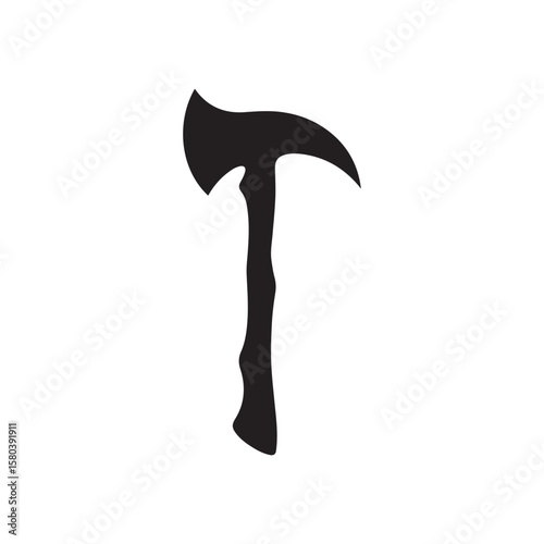 Chiseled black hatchet design, detailed outline logo, simple and iconic"