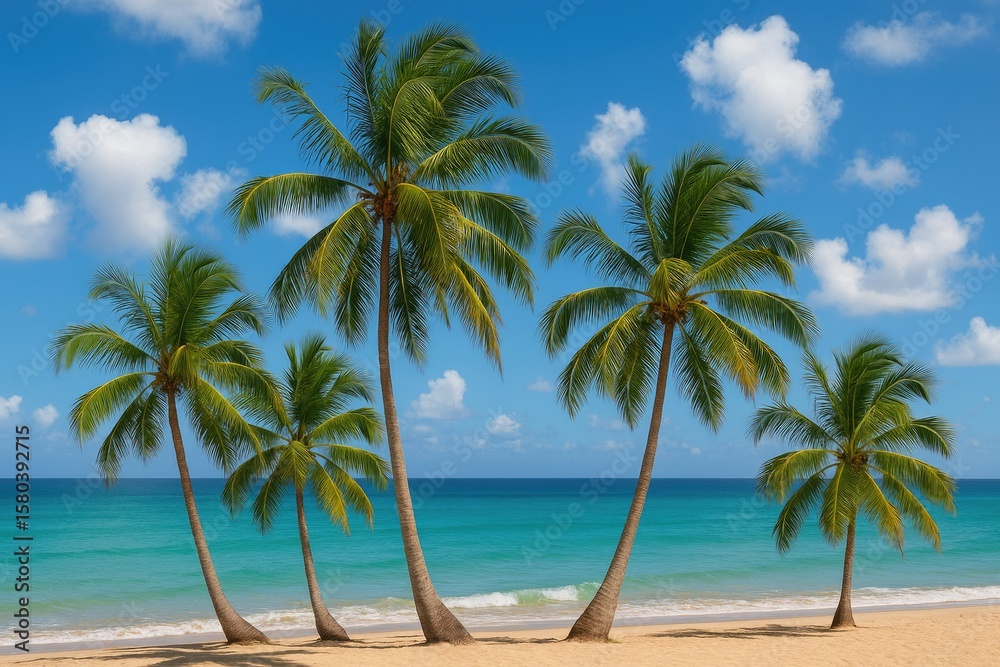Obraz premium Lush tropical palms by the shoreline beneath a cloudy sky