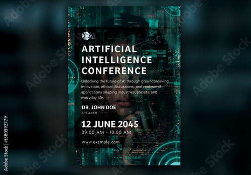 AI Conference Flyer – Futuristic Green Tech A4 Poster Template for Artificial Intelligence Events
