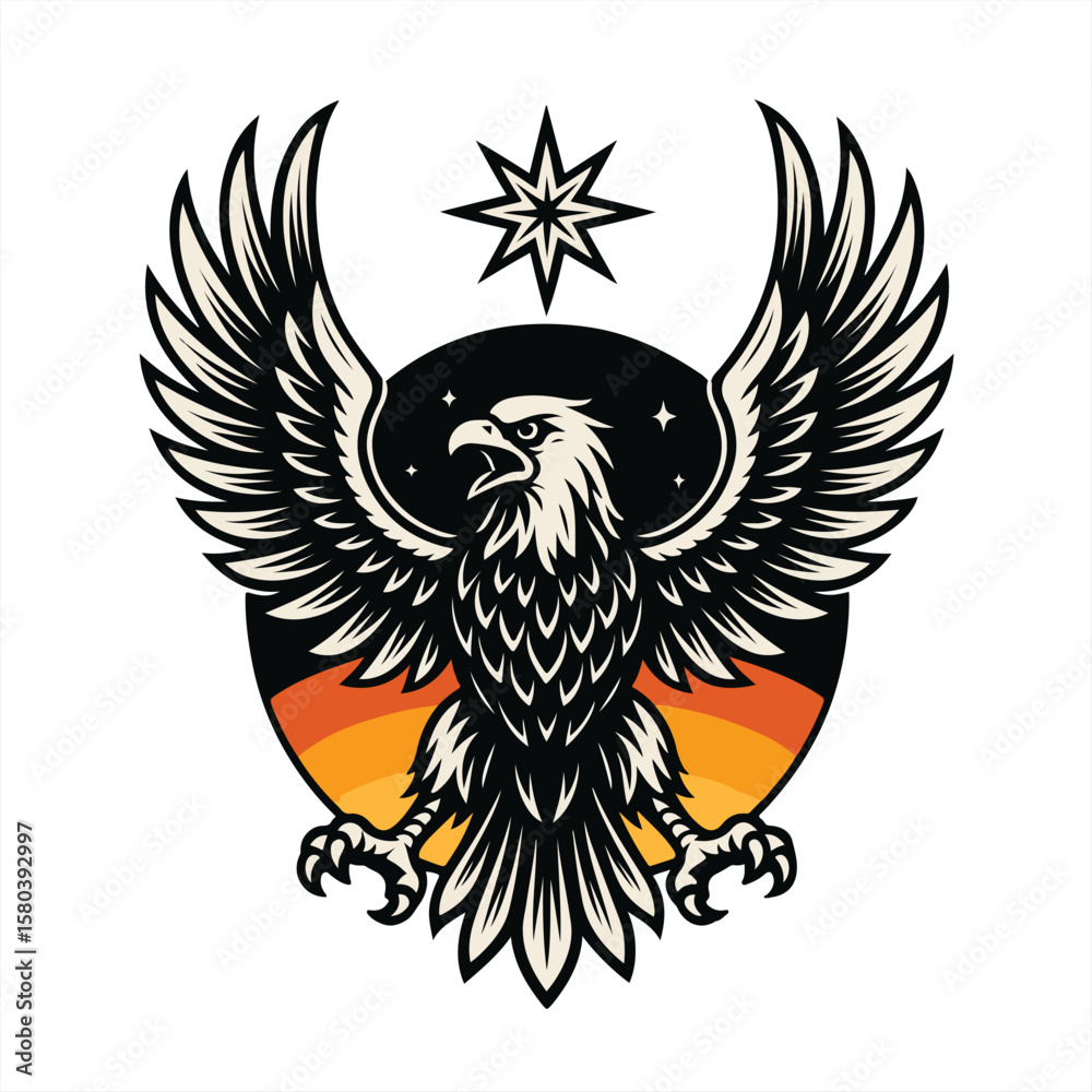 Obraz premium Retro Vintage Eagle Emblem Vector Flying Eagle with Sunset Background and Star, perfect for T-Shirt, Tattoo, and Logo Design