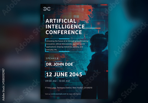 Artificial Intelligence Conference A4 Flyer – Futuristic Glitch Style Tech Poster Design for Innovation Events
