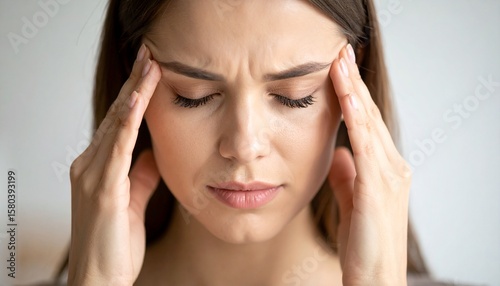 Wallpaper Mural A young woman with closed eyes, holding her temples, appears to be experiencing a headache or stress. Torontodigital.ca
