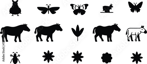 Set of black horse and animal silhouettes vector illustration collection