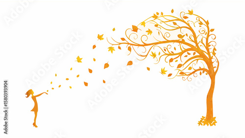 Abstract autumn tree vector illustration featuring golden maple leaves and floral patterns, perfect for seasonal fall nature designs