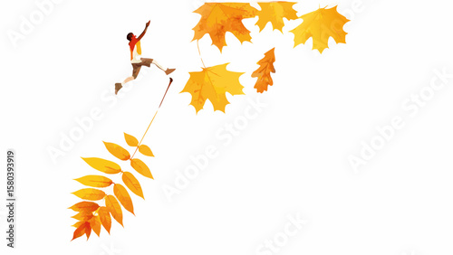Golden autumn maple leaves and oak foliage isolated on a white background create a vibrant seasonal design