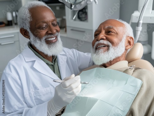 Happy senior Black dentist examining patient in office during day