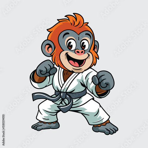 Cute cartoon Orangutan dressed in a martial arts uniform, practicing karate with focus and precision character illustration
