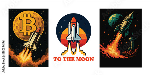 Retro vintage Space Shuttle Launch Designs set , perfect for Cryptocurrency, NFT, Stickers, and T-Shirts