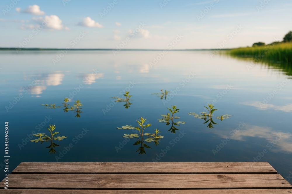 Fototapeta premium Serene waters with gentle reflections of the sky and floating vegetation