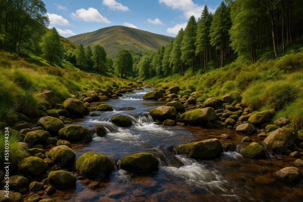 Fototapeta premium A tranquil mountain stream with rocks, pristine water, and moss in a scenic national park