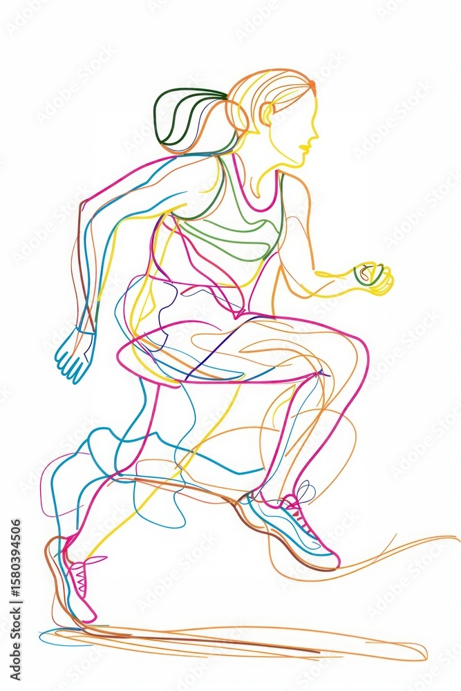 Line drawing woman runner art colorful illustration. Line drawing woman runner art colorful illustration.