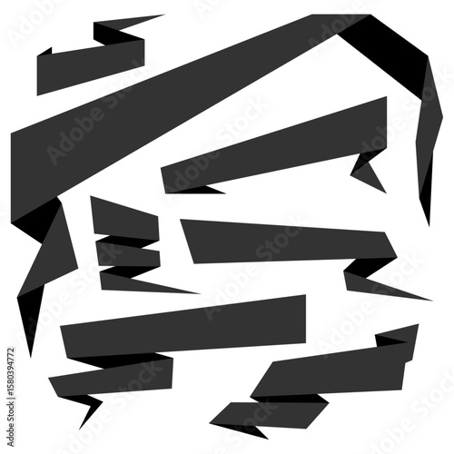 Black ribbons collection. Funeral or memories decorations. Isolated design element on the transparent background.