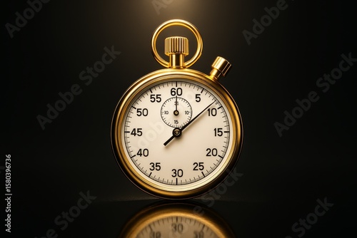 Gold analog stopwatch with white dial on black reflective surface, showing precise time measurement
