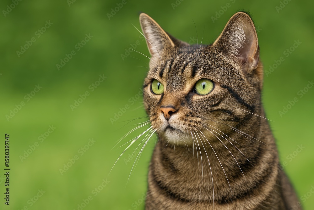 Close-up of a tabby feline with a vibrant green backdrop and ample space for text Close-up of a tabby feline with a vibrant green backdrop and ample space for text