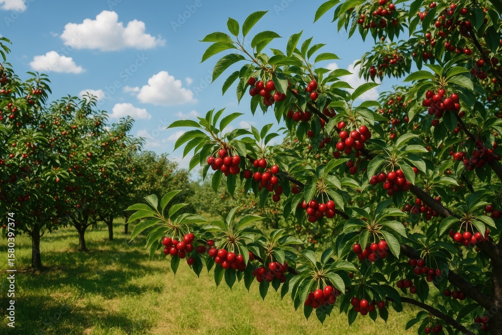 Fototapeta premium Scenic view of a fruit-laden cherry grove with lush, ripe harvests