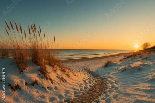 Fototapeta Naklejka Na Ścianę i Meble -  Retro seaside landscape featuring sand dunes and tall grasses during a tranquil sunset with a clear blue sky and snow-covered ground