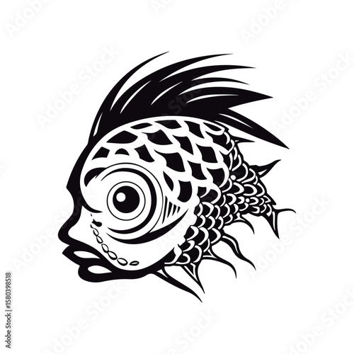 A black and white drawing of a Fish head coloring page illustration.
