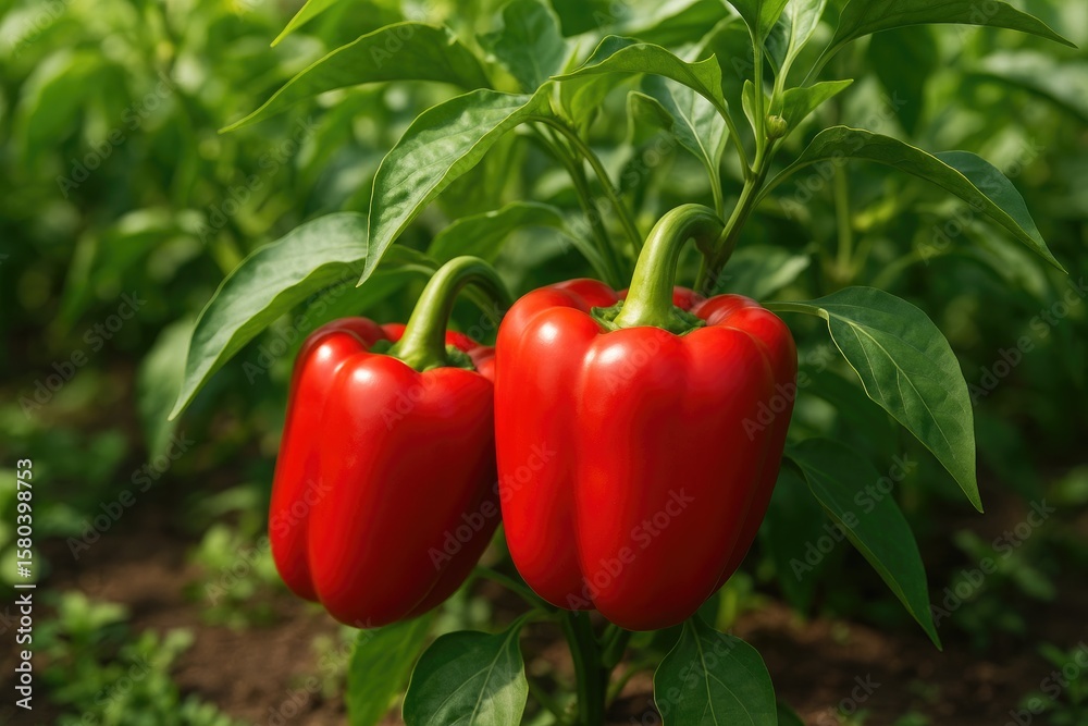 Cultivating vibrant red peppers in a home garden. Two large ripe peppers prepared for picking. Organic vegetable farming practices. Cultivating vibrant red peppers in a home garden. Two large ripe peppers prepared for picking. Organic vegetable farming practices.