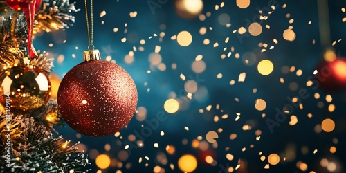 Christmas tree ornament with festive bokeh lights, closeup