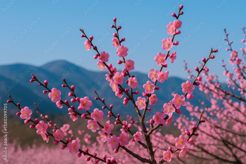 Fototapeta premium Early Spring Bloom of Plum Trees in a Japanese City