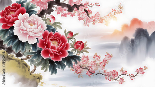 Fototapeta Naklejka Na Ścianę i Meble -  Red and pink peonies with cherry blossoms and misty mountains