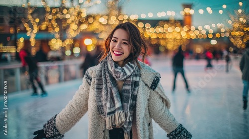 A young woman ice skating at sunset in the city center plaza, wearing a fashionable coat and scarf, twinkling Christmas market lights behind