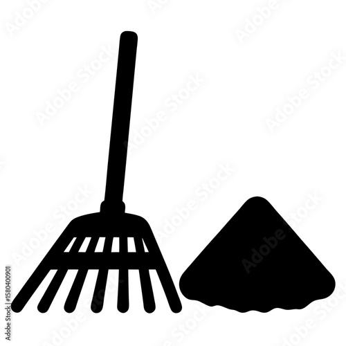 Silhouette Illustration of a Rake Next to a Pile of Dirt or Debris