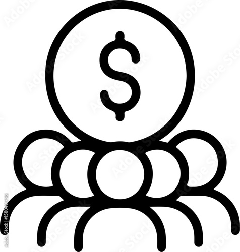 Group of people gathered around a large dollar coin symbolizing financial success