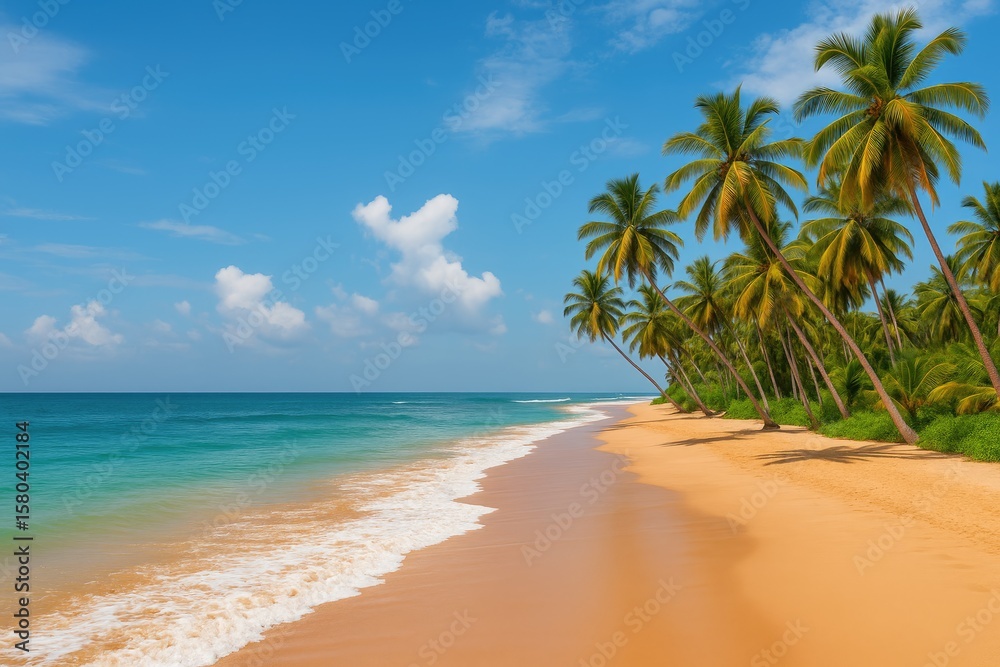 Naklejka premium Tropical seaside with lush palm groves and sandy shores