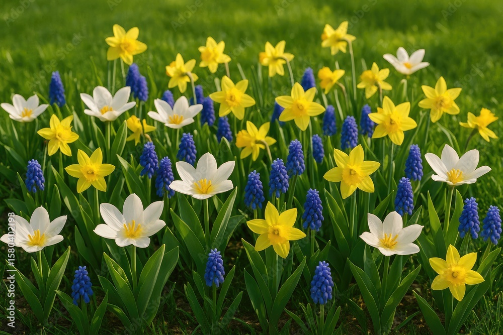 Obraz premium Blooming spring flowers in a garden flower bed