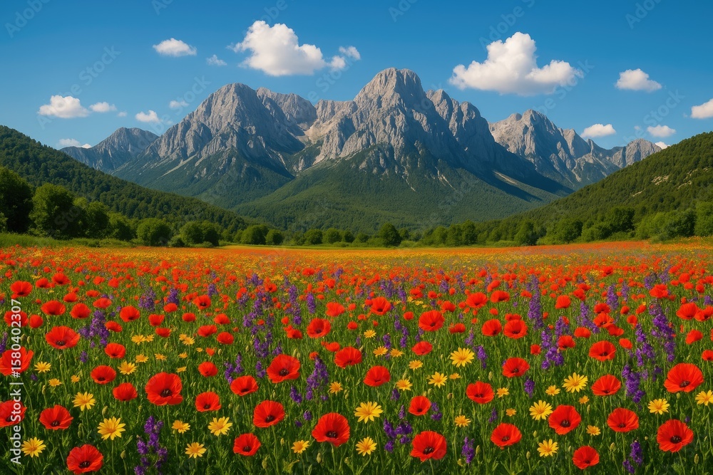 Vibrant Floral Display Amidst Towering Mountain Ranges Vibrant Floral Display Amidst Towering Mountain Ranges