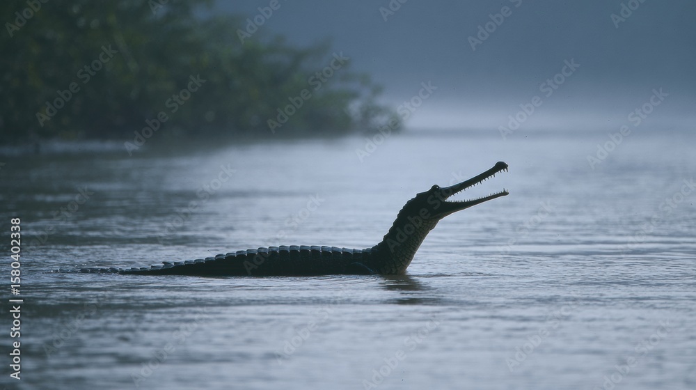 Fototapeta premium Gharial Emerging From River at Dawn Shows Sharp Snout Silhouette Against Serene Water Backdrop in Natural Habitat