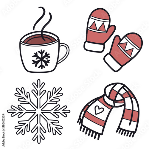 Cozy winter icons featuring a steaming mug of hot chocolate snowflake mittens and a striped scarf with a heart
