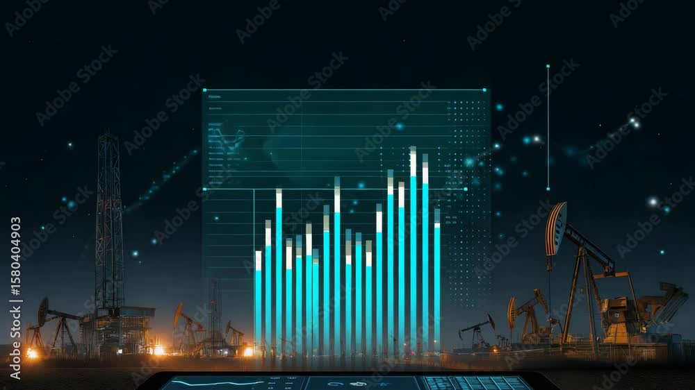 Tablet with a screen showing a graph of oil prices. The graph is in blue. infographic style screen with bar charts, stock codes, and oil drilling diagram,oil exploration stocks