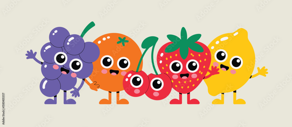 Naklejka premium Cute Cartoon Fruits Characters Grape Orange Strawberry Lemon Cherry