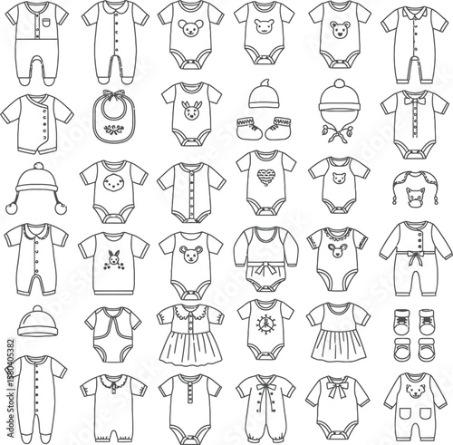 Comprehensive Baby Clothing Line Icons: Bodysuits, Dresses & Accessories