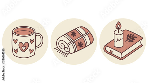 Cozy hygge icons featuring a heart decorated mug a rolled blanket with a plaid pattern and flowers and a book with a lit candle and sprig