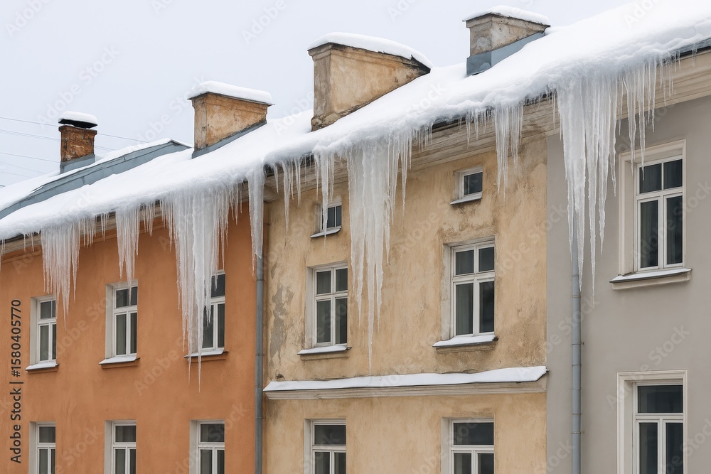 Fototapeta premium Snow-covered rooftops with hanging icicles pose safety hazards after heavy snowfall