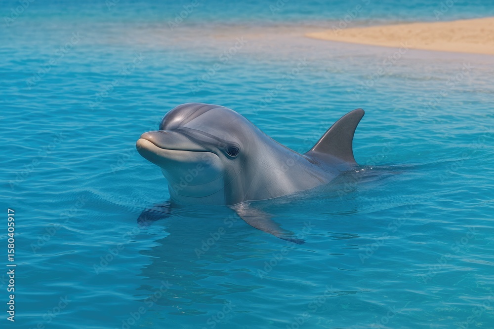 Fototapeta premium A juvenile Bottlenose dolphin glides through the shallow waters close to the shoreline.