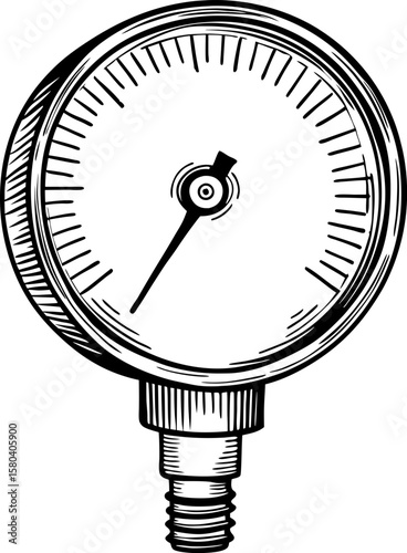 Analog pressure gauge illustration mechanical dial meter, industrial round manometer measuring air or gas